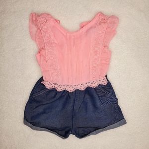 Pink top blue shorts romper